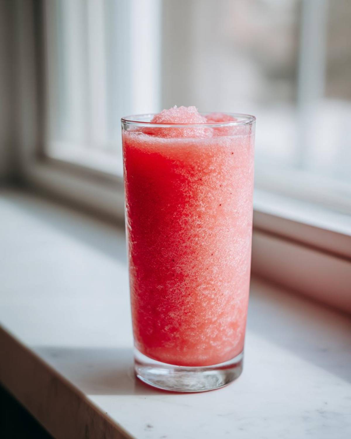 A tall glass filled with a bright red, icy strawberry daiquiri mixture sitting on a white windowsill.