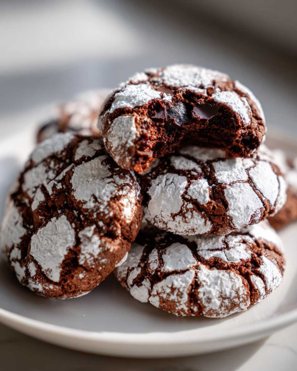 Close-up of fudgy chocolate crinkle cookies stacked on a plate, one cookie has a bite taken out showing melted chocolate chips.
