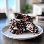 A stack of four fudgy chocolate crinkle cookies dusted with powdered sugar, one cookie is broken open.