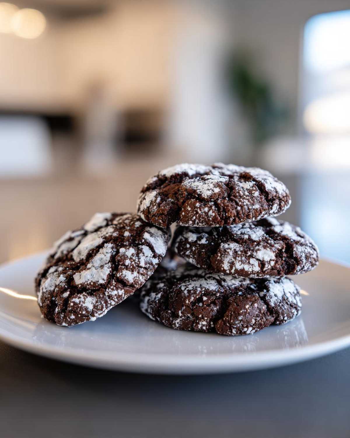 A stack of four fudgy chocolate crinkle cookies dusted heavily with powdered sugar, resting on a white plate.