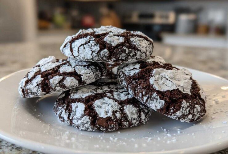 A stack of four fudgy chocolate crinkle cookies heavily dusted with powdered sugar, resting on a white plate.