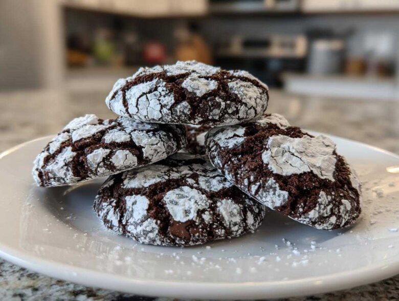 A stack of four fudgy chocolate crinkle cookies heavily dusted with powdered sugar, resting on a white plate.