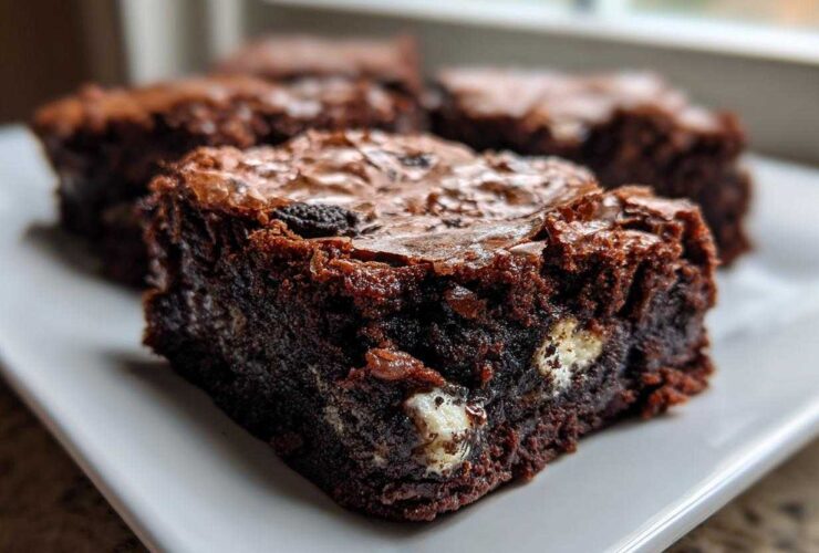 Close-up of a fudgy Oreo brownie square showing chunks of white filling and a shiny, crinkly top.