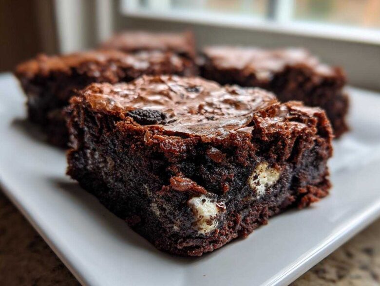 Close-up of a fudgy Oreo brownie square showing chunks of white filling and a shiny, crinkly top.