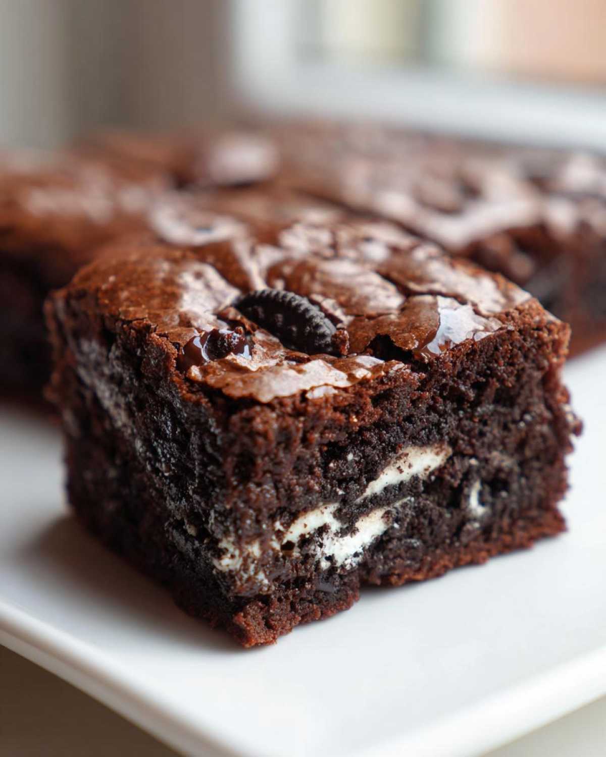 Close-up of a fudgy Oreo brownies square showing a creamy white filling layer inside.