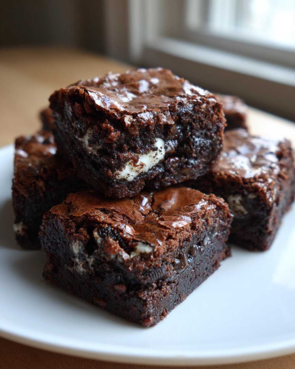 A stack of fudgy Oreo brownies showing a creamy white filling inside the rich chocolate squares.