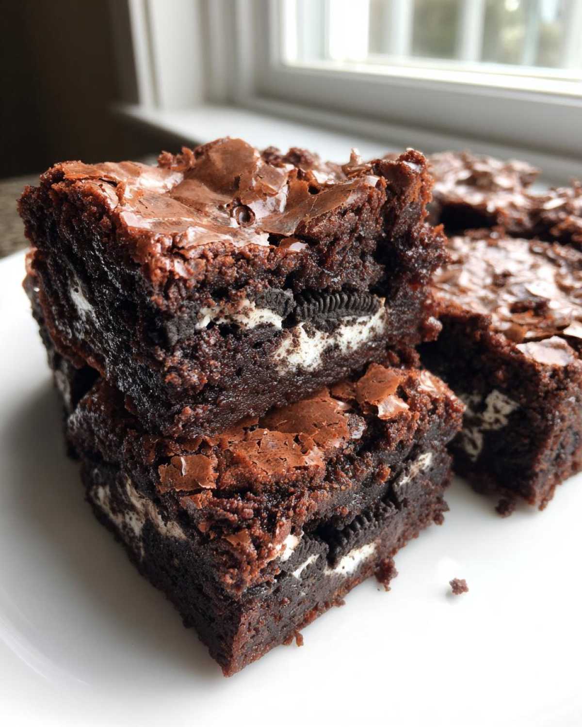 Close-up of stacked, fudgy Oreo brownies showing creamy white filling and shiny cracked tops.