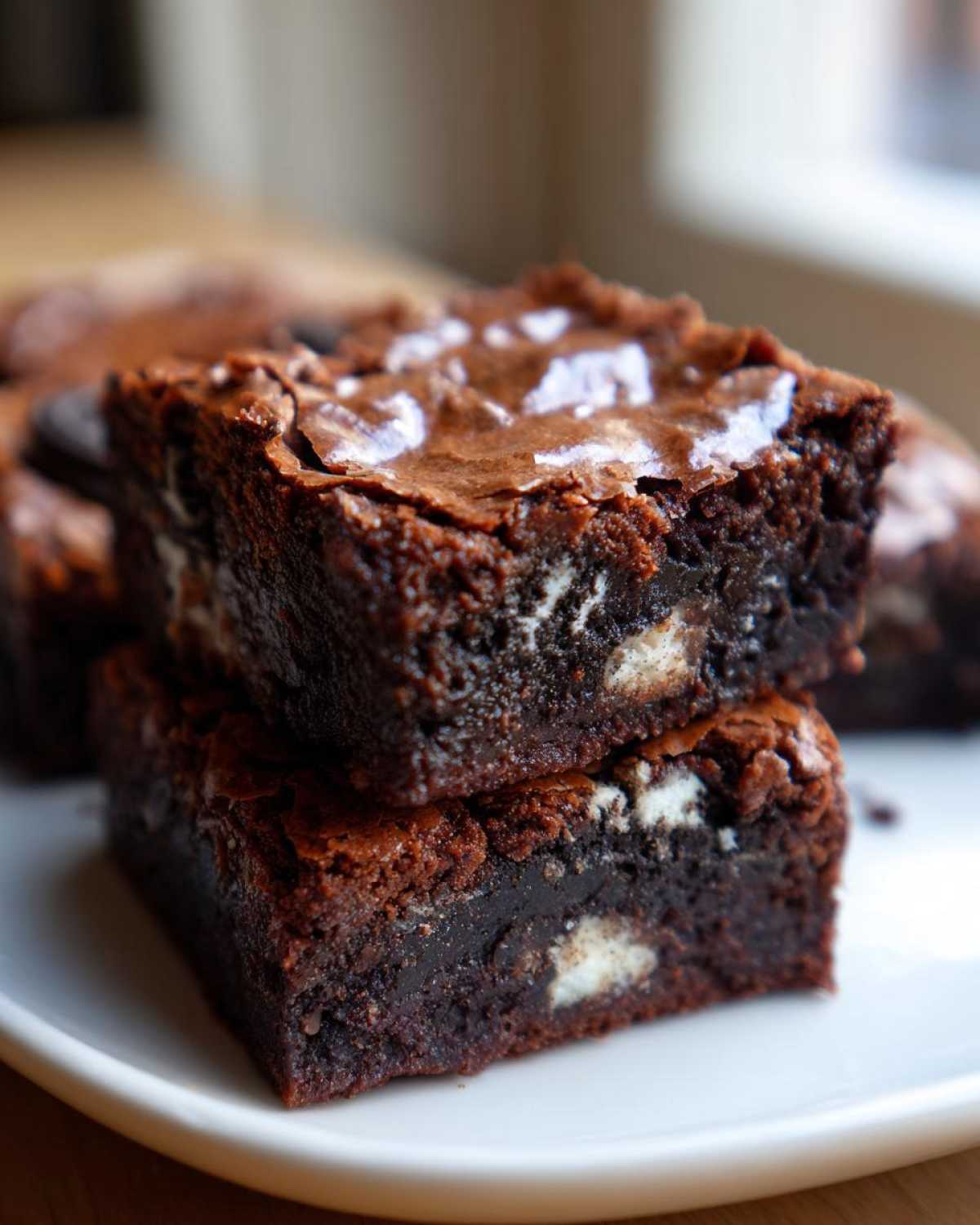 Two fudgy Oreo brownies stacked on a white plate, showing the rich dark chocolate interior with white cream filling pieces.