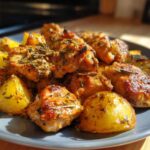 Golden brown garlic parmesan chicken and potatoes seasoned with herbs on a grey plate.