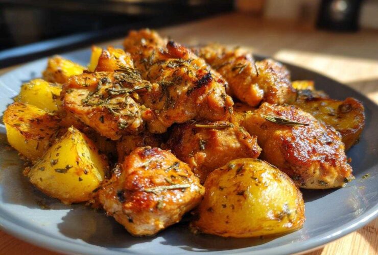 Golden brown garlic parmesan chicken and potatoes seasoned with herbs on a grey plate.