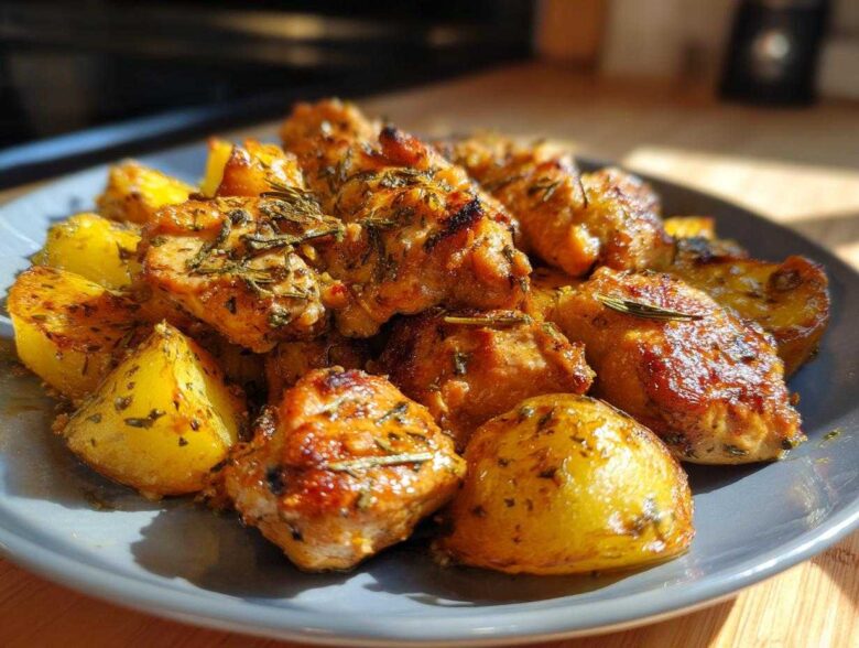 Golden brown garlic parmesan chicken and potatoes seasoned with herbs on a grey plate.