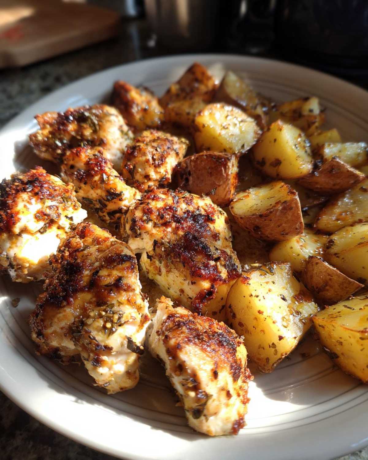 Close-up of golden-brown garlic parmesan chicken and roasted potatoes served on a white plate.