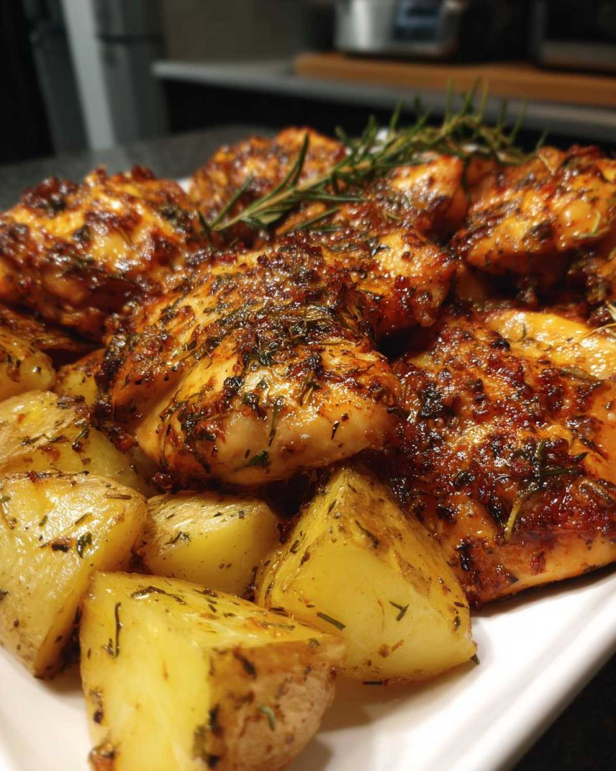 Close-up of baked garlic parmesan chicken and potatoes seasoned with herbs and rosemary.