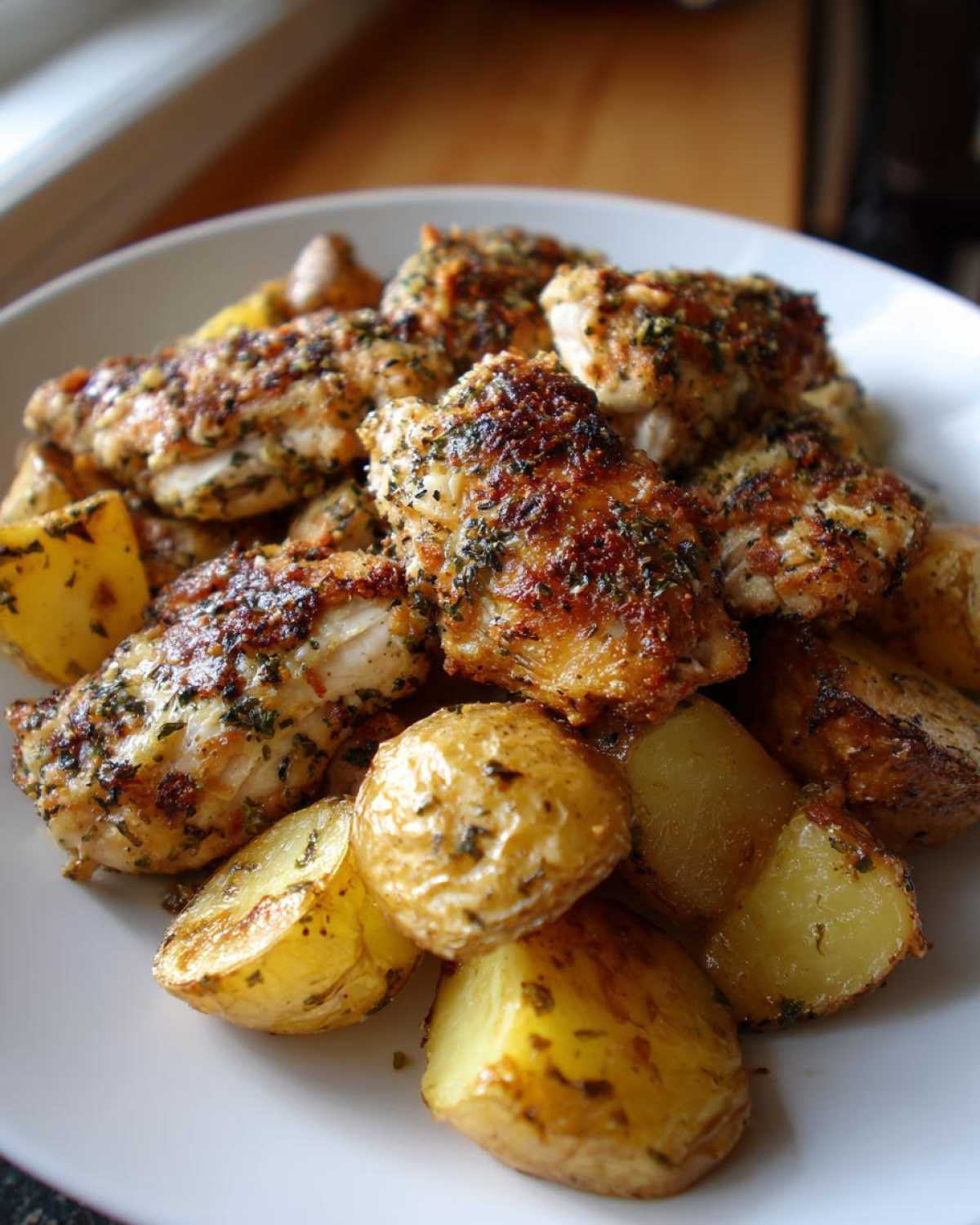 Close-up of golden brown garlic parmesan chicken and roasted potatoes served on a white plate.
