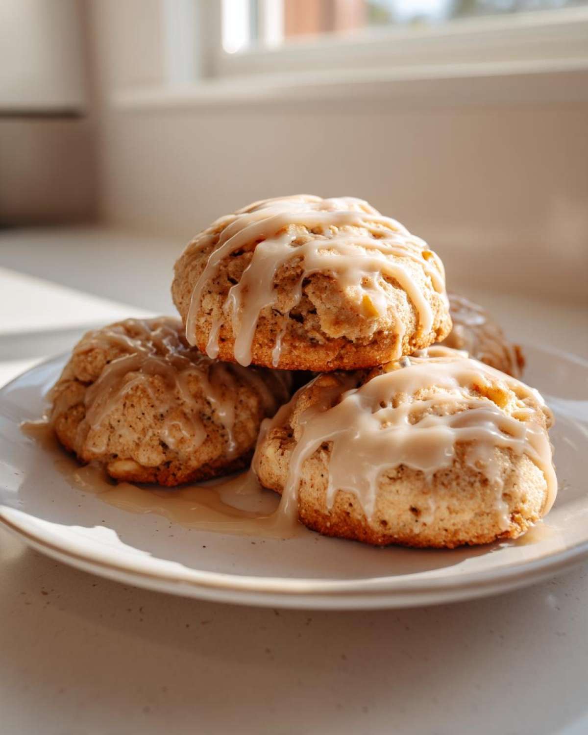 A stack of four freshly baked apple pie cookies drizzled generously with a light brown glaze, sitting on a white plate.