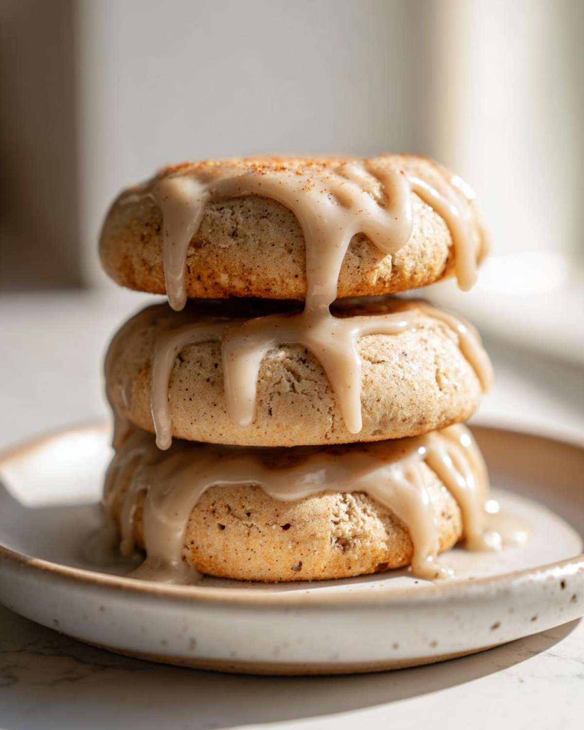 A stack of three soft apple pie cookies generously drizzled with a light brown, creamy glaze.