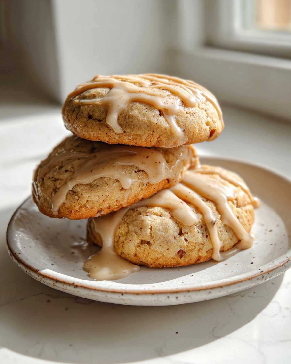 Three stacked, soft apple pie cookies drizzled generously with a light brown glaze, sitting on a speckled plate.
