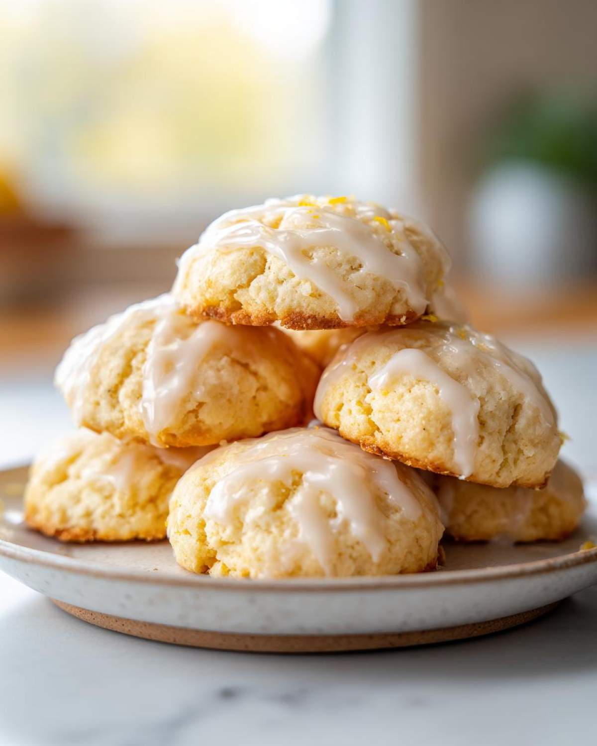 A stack of soft, glazed italian ricotta cookies topped with bright yellow lemon zest on a small ceramic plate.