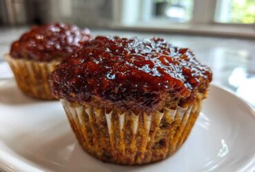Close-up of a shiny, glazed mini meatloaf served in a paper liner on a white plate.