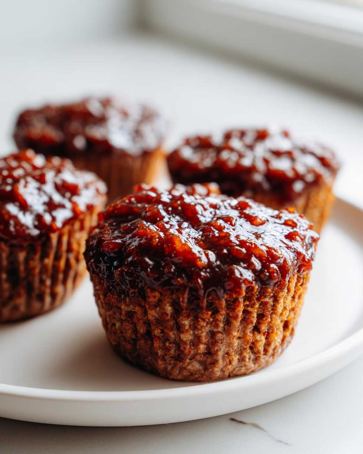 Close-up of four glazed mini meatloaf muffins served on a white plate, featuring a shiny, dark red topping.