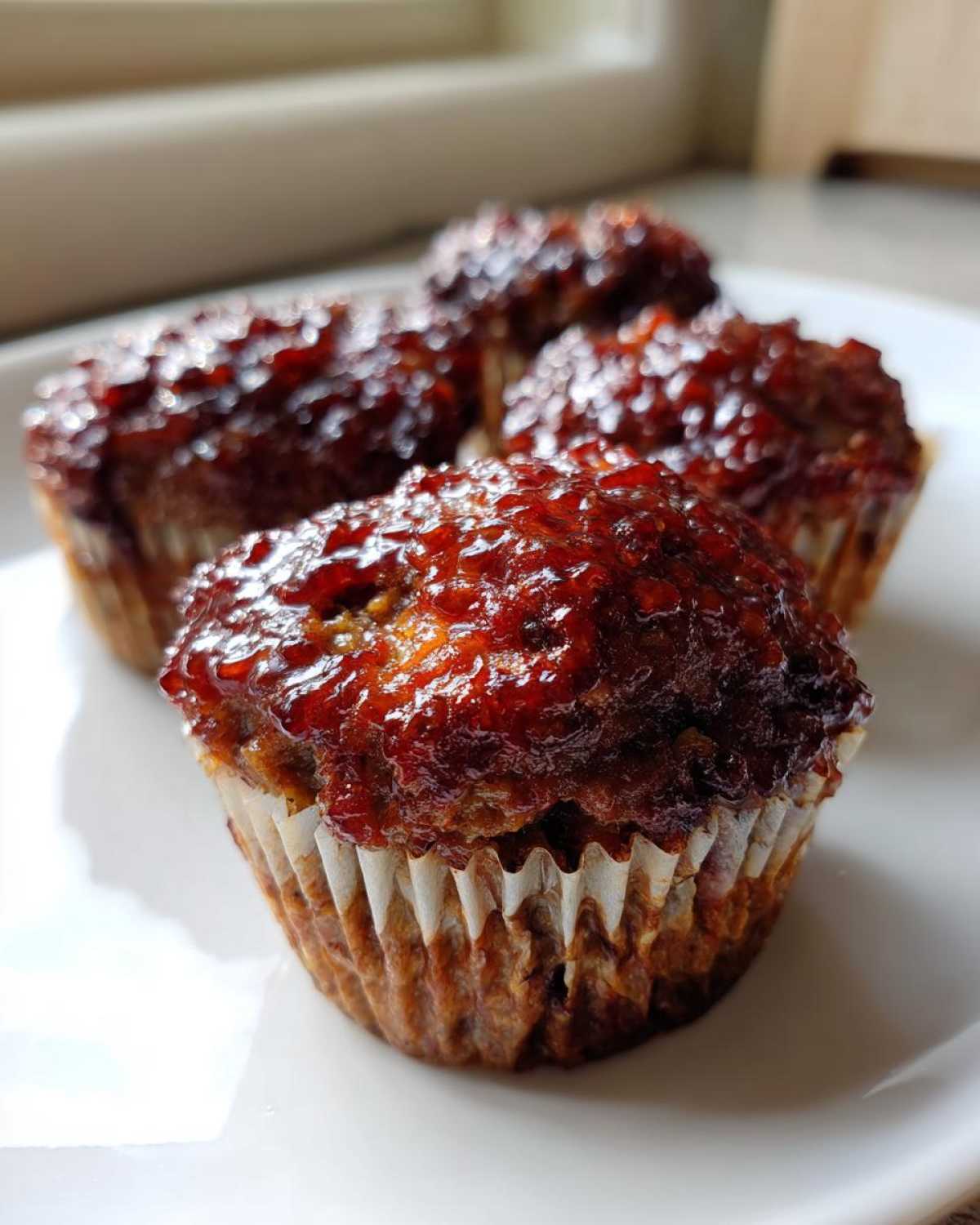 Four shiny, glazed mini meatloaf portions baked in paper liners, sitting on a white plate.