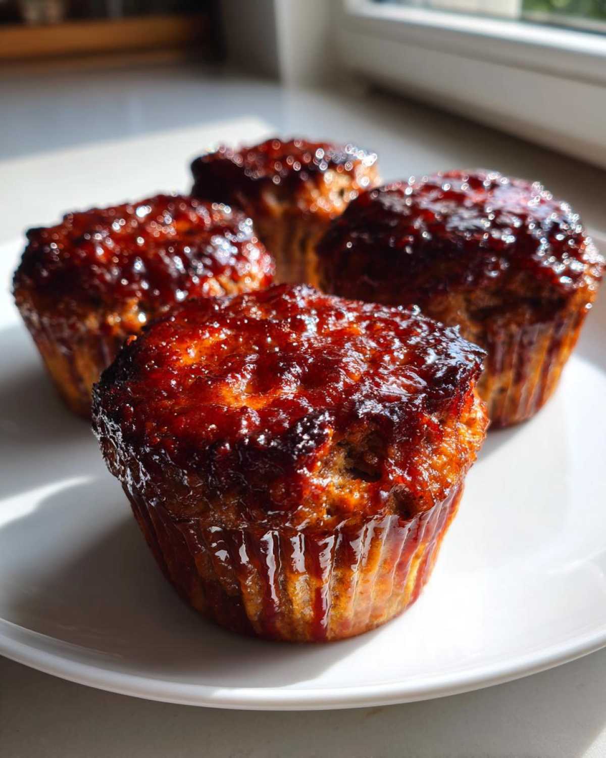 Four freshly baked mini meatloaf portions, topped with a thick, shiny, dark red glaze, resting on a white plate.