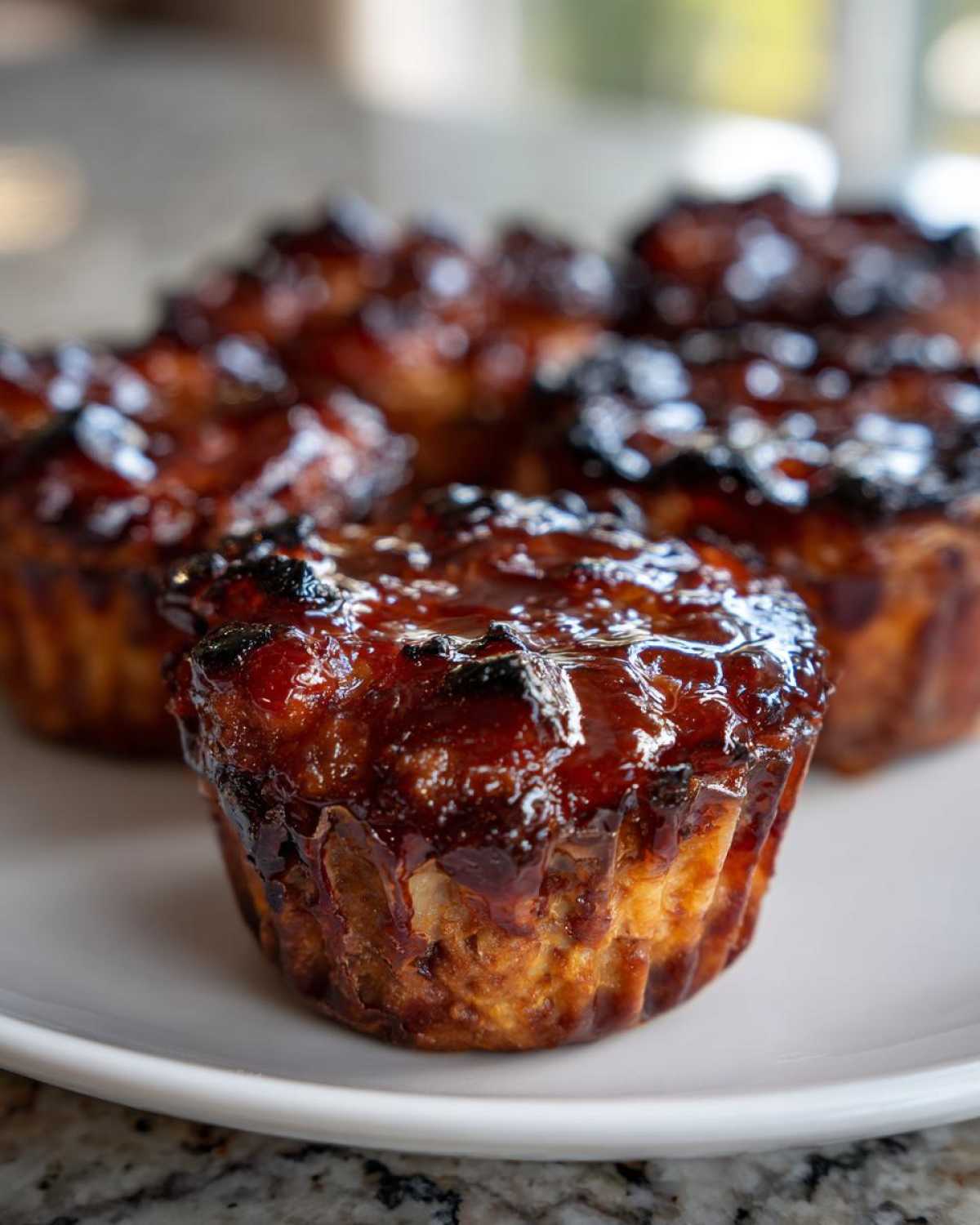 Close-up of several glazed mini meatloaf muffins served on a white plate.