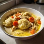 A close-up of a white bowl filled with creamy gluten free chicken and dumplings, featuring shredded chicken and sliced carrots.