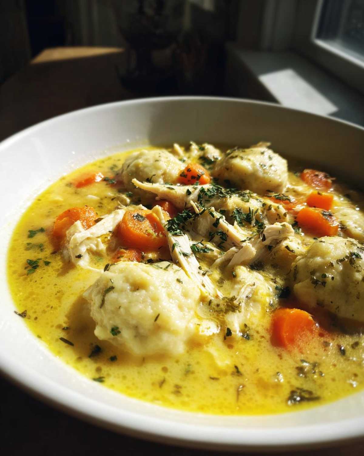Close-up of a bowl of rich, yellow broth containing shredded chicken, sliced carrots, and fluffy gluten free chicken and dumplings.
