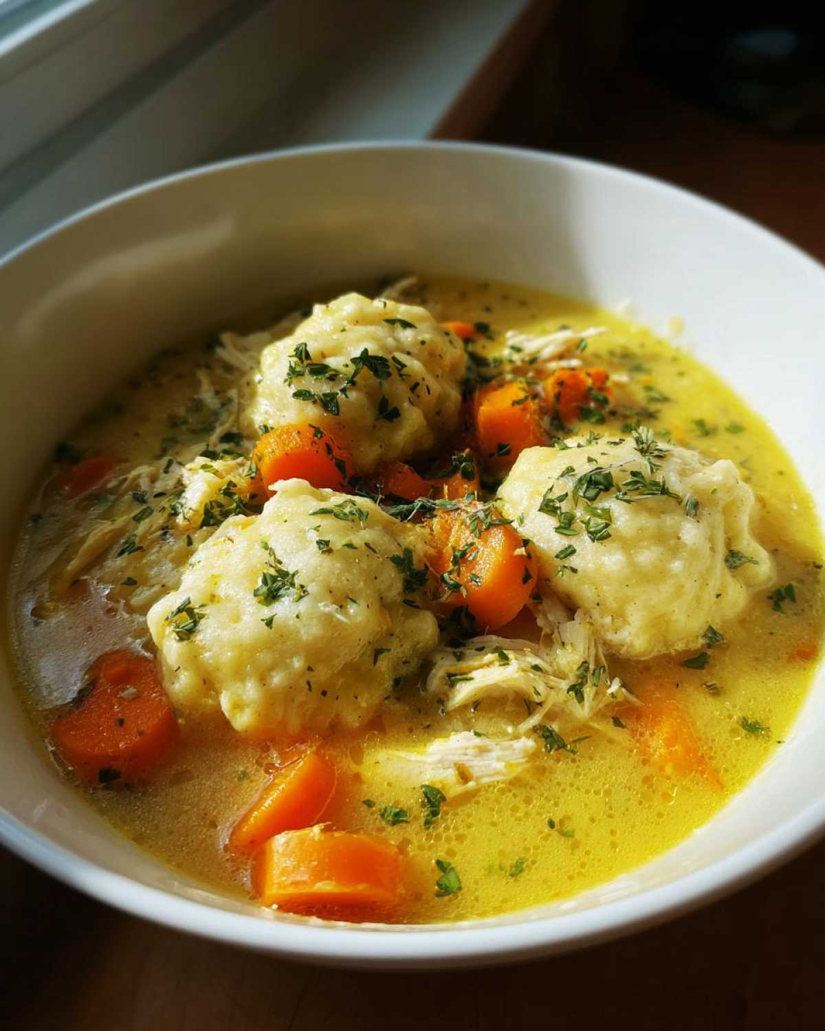 Close-up of a white bowl filled with rich, yellow broth, shredded chicken, bright orange carrots, and three fluffy gluten free chicken and dumplings, topped with parsley.