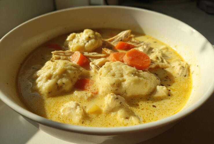 Close-up of a white bowl filled with creamy gluten free chicken and dumplings, featuring shredded chicken and bright orange carrots.