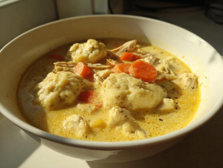 Close-up of a white bowl filled with creamy gluten free chicken and dumplings, featuring shredded chicken and bright orange carrots.