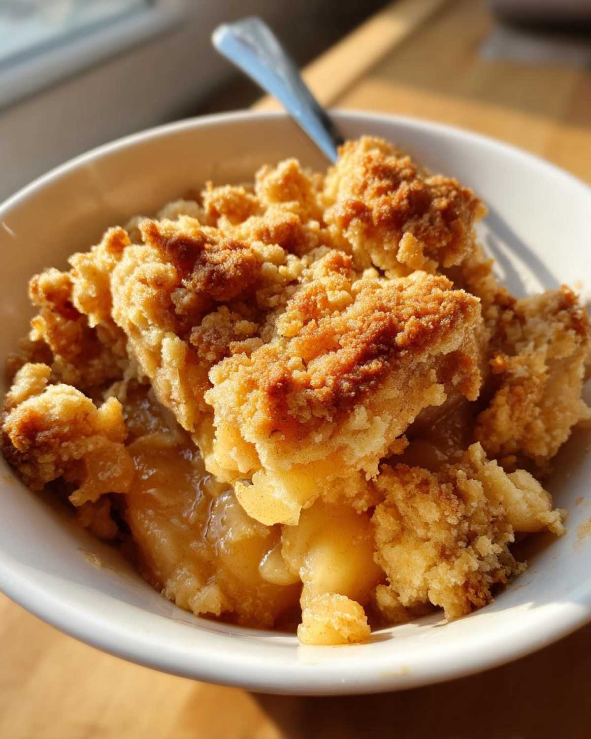 Close-up of a warm serving of apple crumble in a white bowl, showing golden, buttery topping over soft cooked apples.