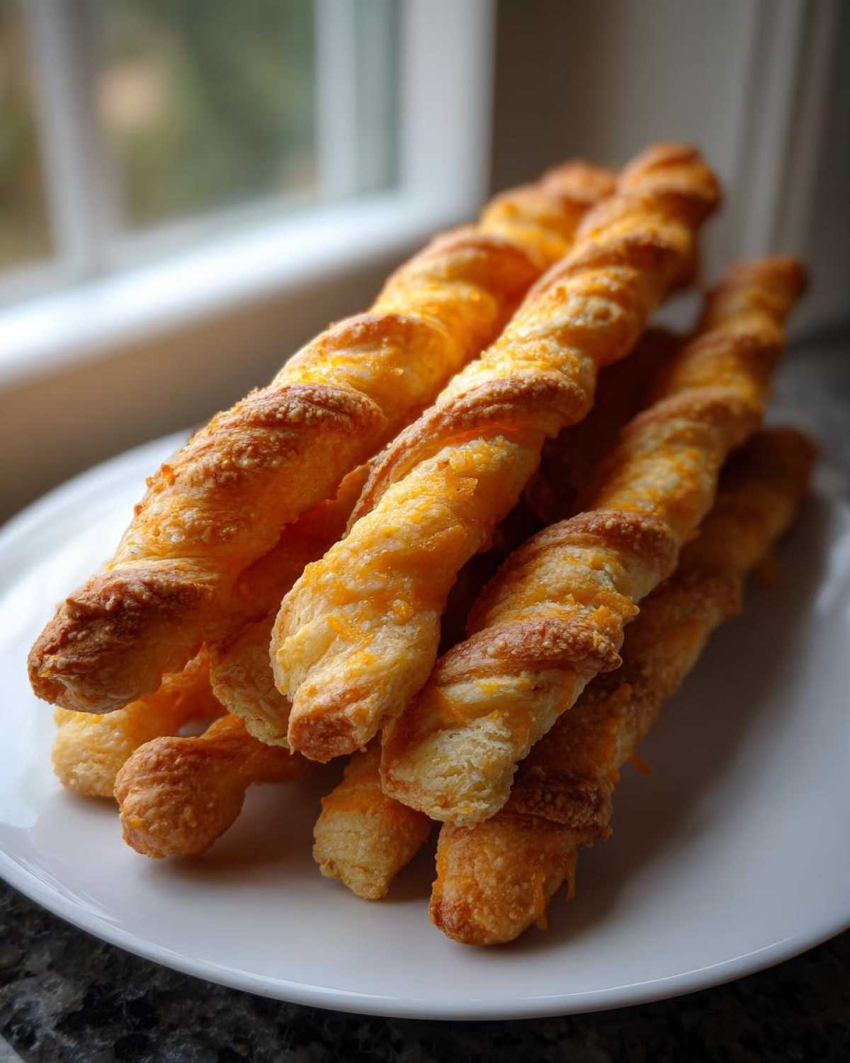 A pile of golden, flaky, twisted cheese straws recipe baked to perfection on a white plate.