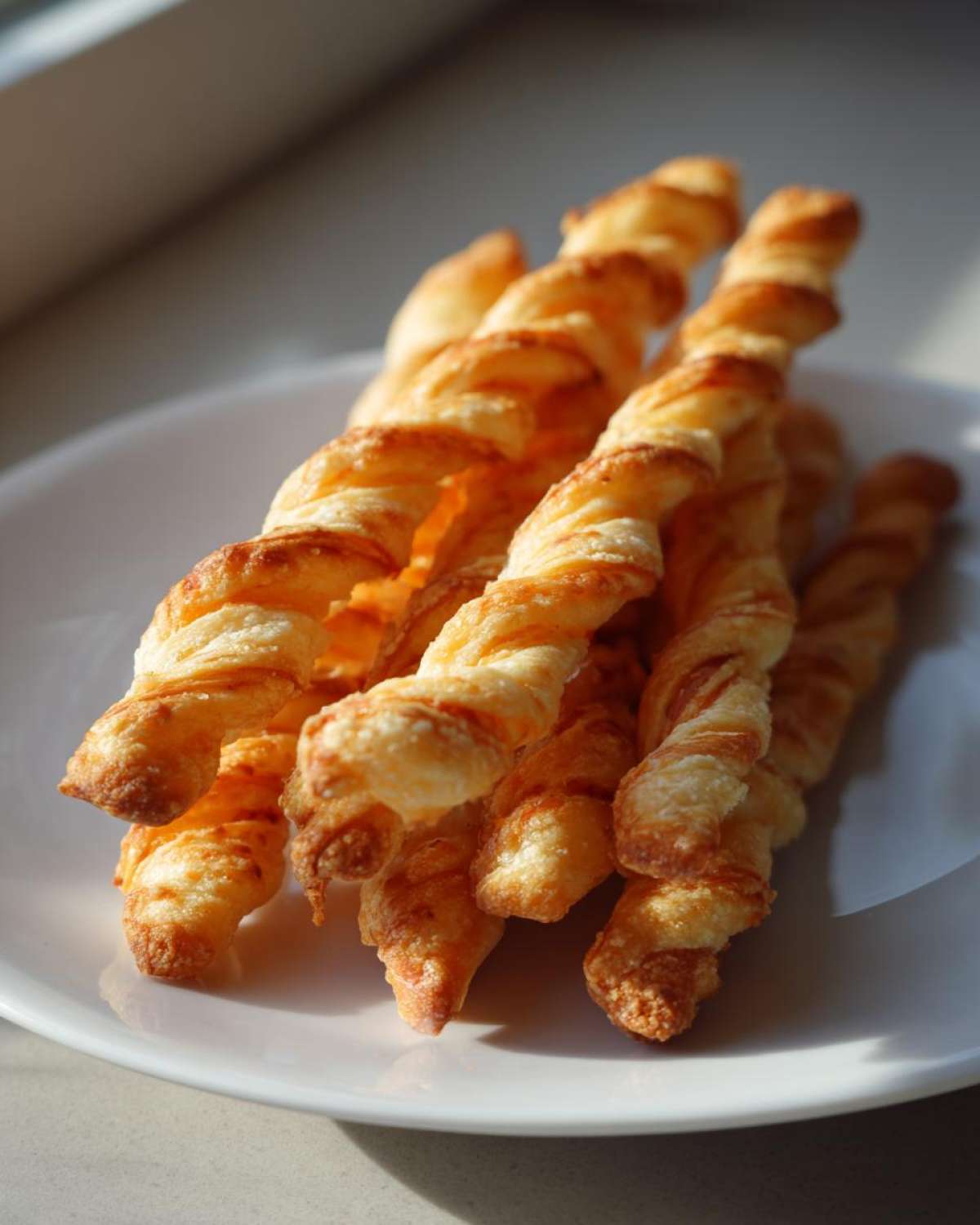 A close-up of several golden brown, flaky, twisted cheese straws recipe items piled on a white plate.