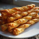 A stack of golden brown, flaky, twisted cheese straws recipe items piled high on a white plate.