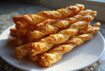 A stack of golden brown, flaky, twisted cheese straws recipe items piled high on a white plate.