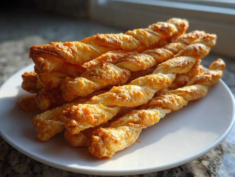 A stack of golden brown, flaky, twisted cheese straws recipe items piled high on a white plate.
