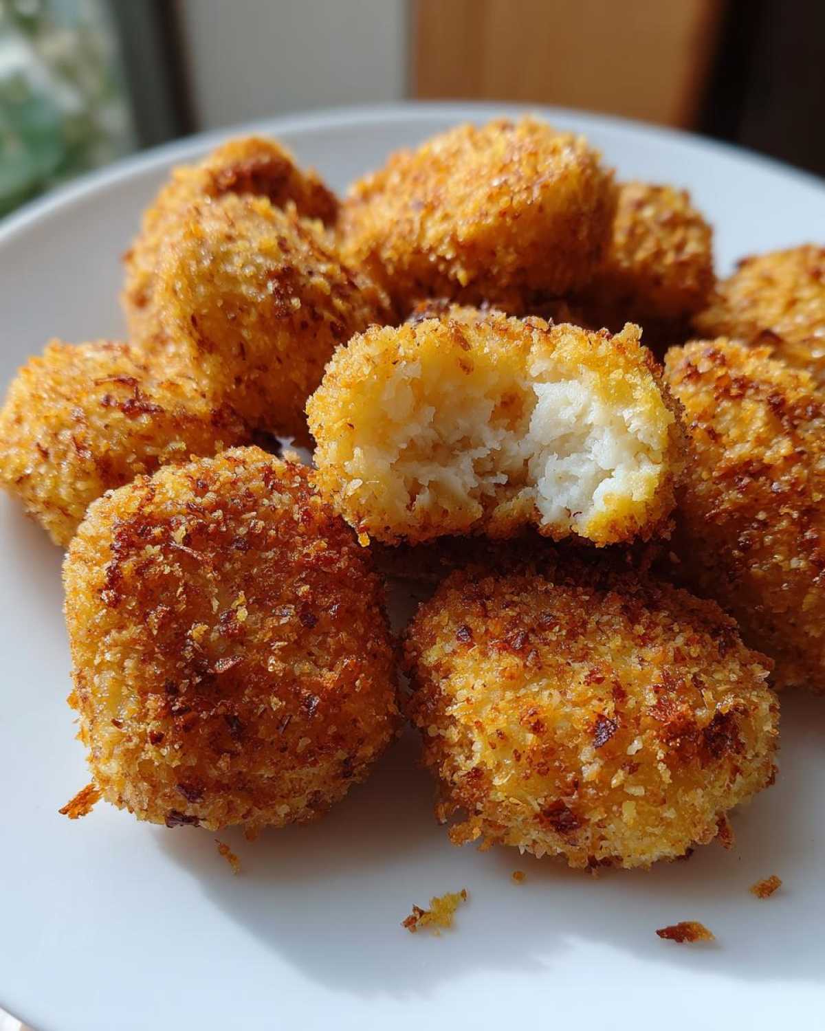 Close-up of several golden brown homemade chicken nuggets on a white plate, one is broken open showing the white interior.