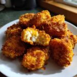 A pile of golden brown, crispy homemade chicken nuggets on a white plate, one nugget is broken open showing the white interior.