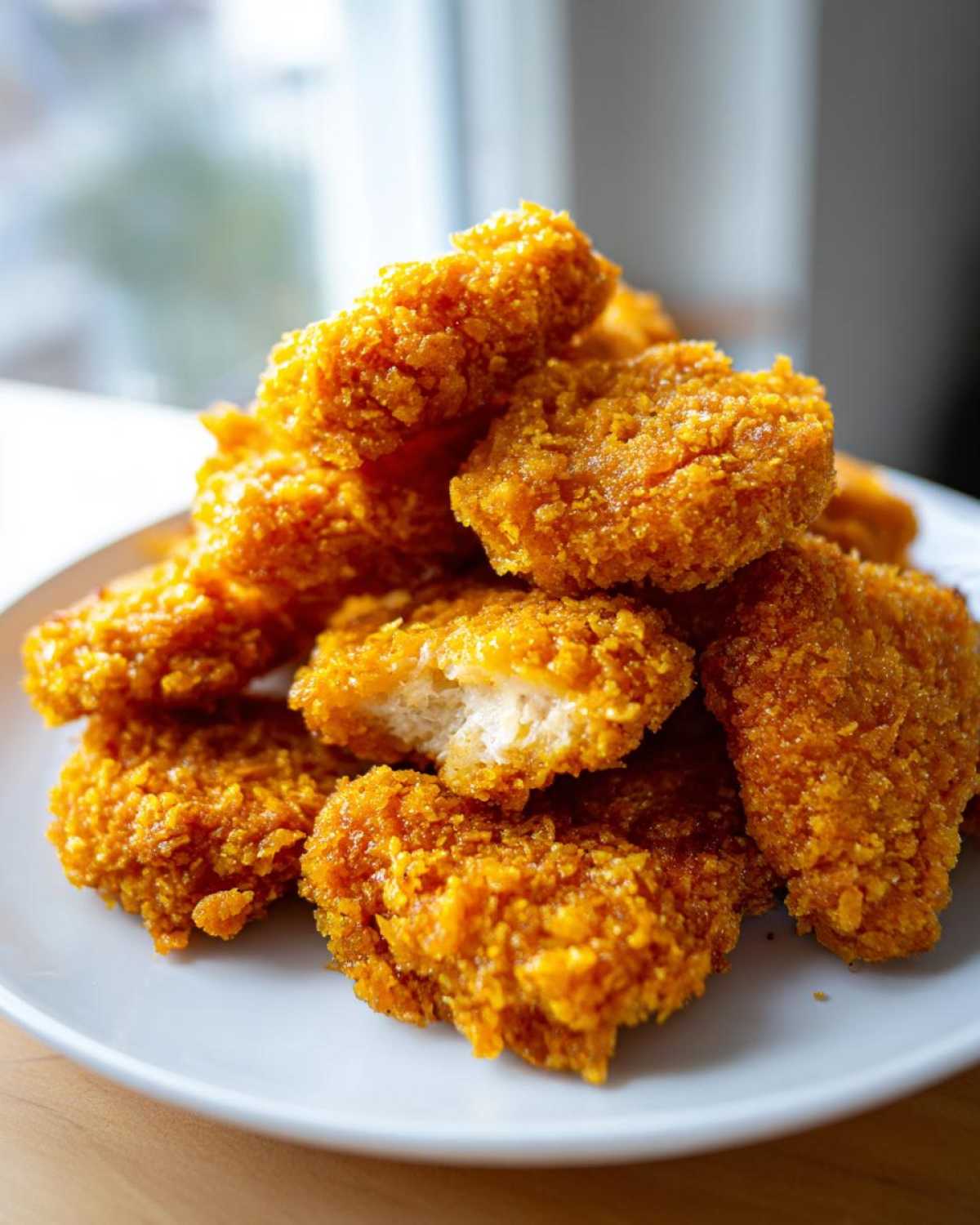 A close-up of a pile of crispy, golden homemade chicken nuggets on a white plate, one nugget is broken open to show the white meat inside.