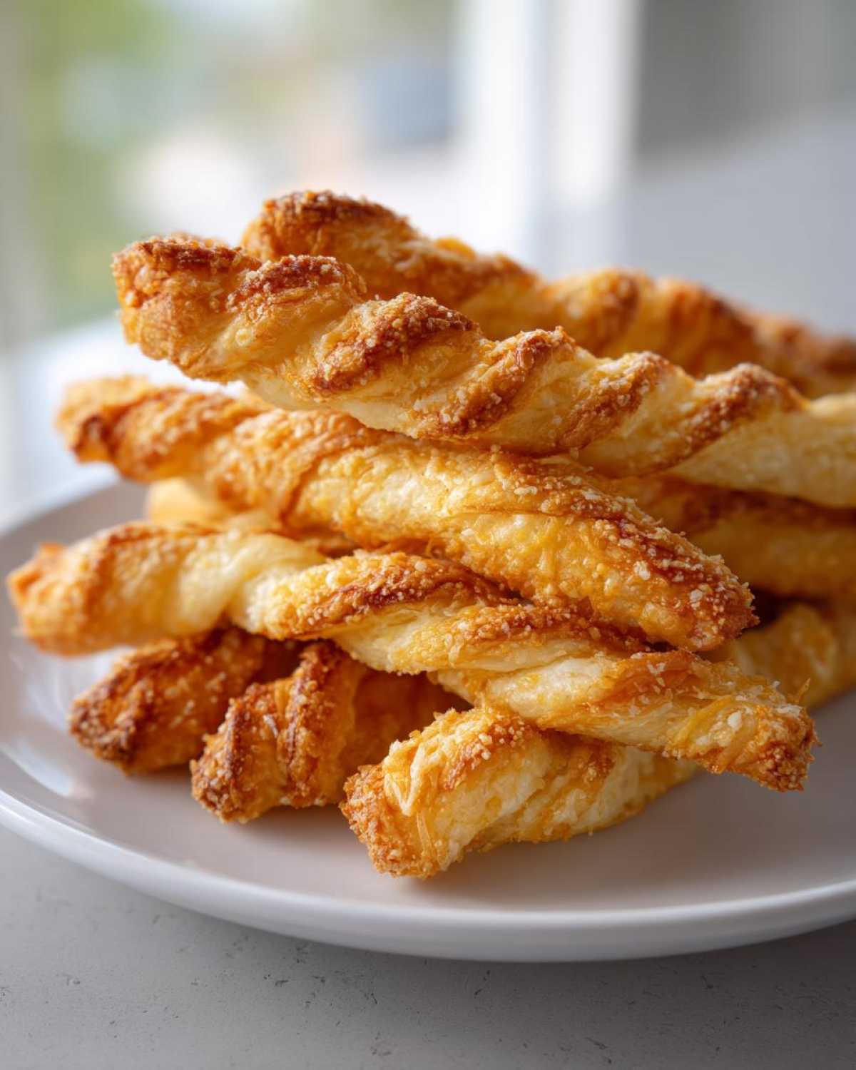 A close-up stack of golden, flaky, twisted cheese straws recipe on a white plate.