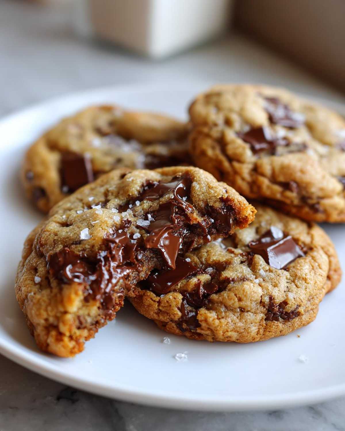 Close-up of gooey brown butter chocolate chip cookies, one broken open showing melted chocolate and sea salt.
