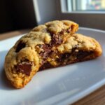 Close-up of a chocolate chip cookie broken in half showing a gooey, melted chocolate center.