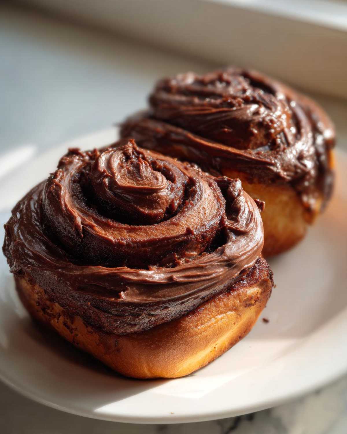 Two gooey chocolate cinnamon rolls generously topped with rich chocolate frosting, sitting on a white plate.