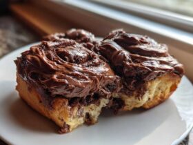Close-up of two gooey chocolate cinnamon rolls generously topped with thick chocolate frosting on a white plate.