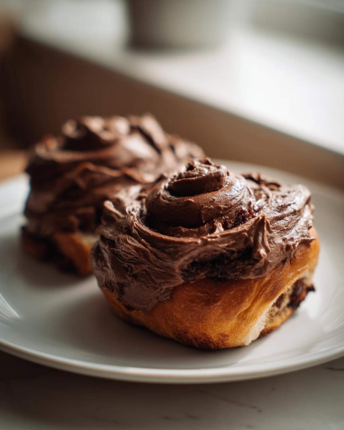Close-up of two decadent chocolate cinnamon rolls topped with thick, swirled chocolate frosting on a white plate.