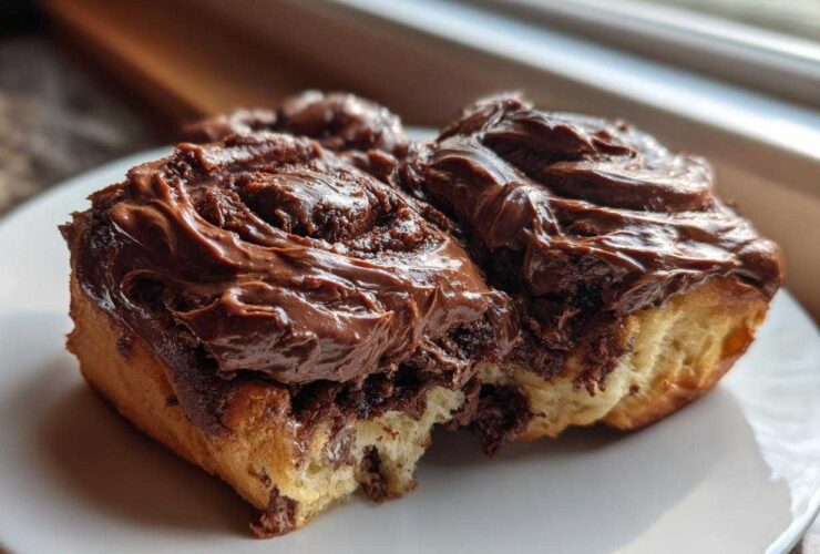 Close-up of two gooey chocolate cinnamon rolls generously topped with thick chocolate frosting on a white plate.