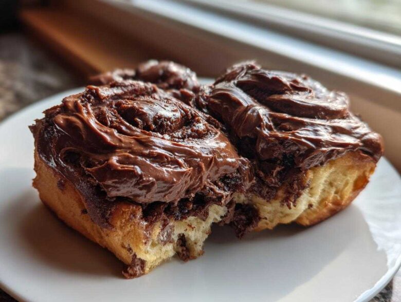 Close-up of two gooey chocolate cinnamon rolls generously topped with thick chocolate frosting on a white plate.