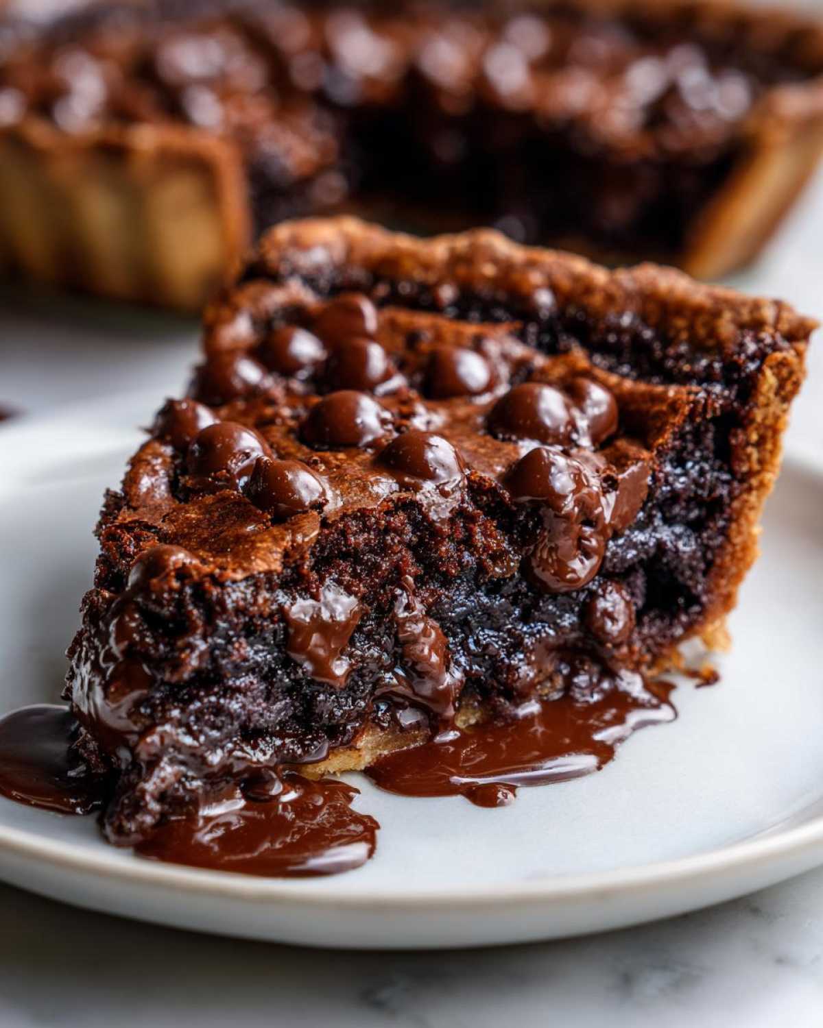A decadent, gooey slice of fudge pie topped with chocolate chips, oozing melted chocolate onto a white plate.